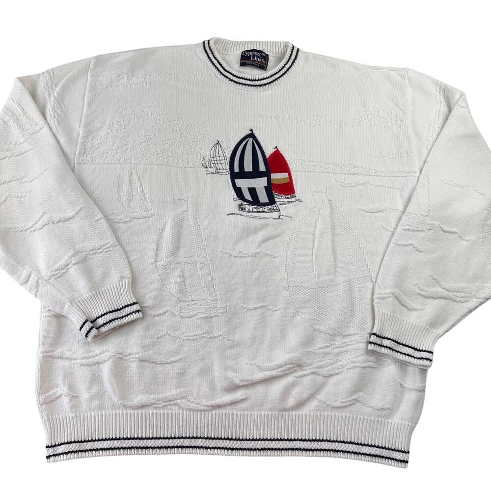 Cypress Links Vintage Nautical Sailboat Sweater White Blue Men's size XXL